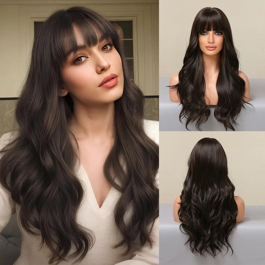 Long Curly Wig Head Cover Natural Black Bangs Big Wave Wig