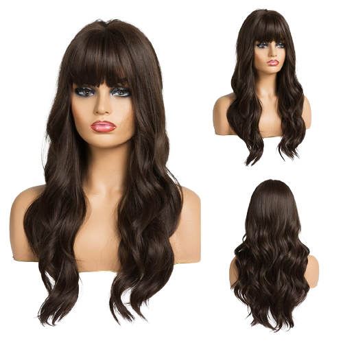 Long Dark Brown Women's Wigs with Bangs