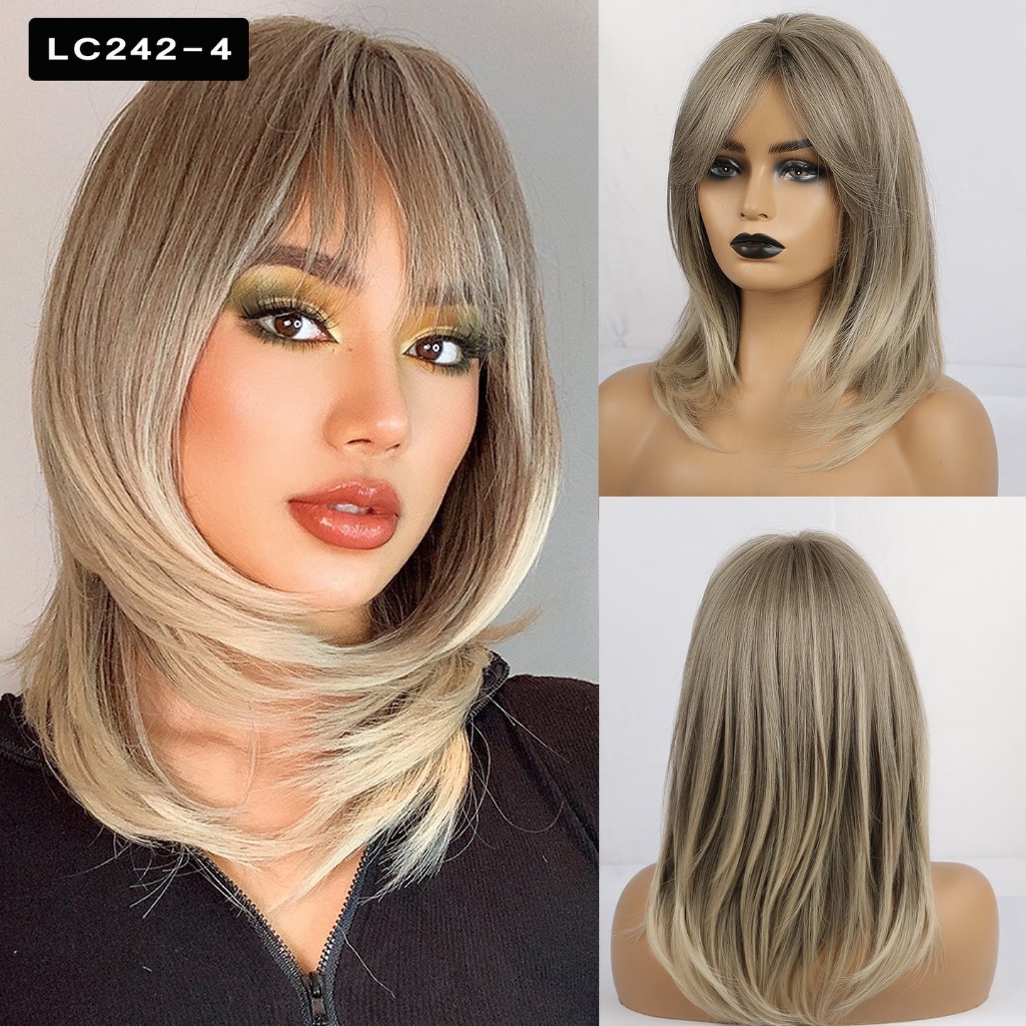 Medium Straight Blonde Mixed Brown Bob with Bangs