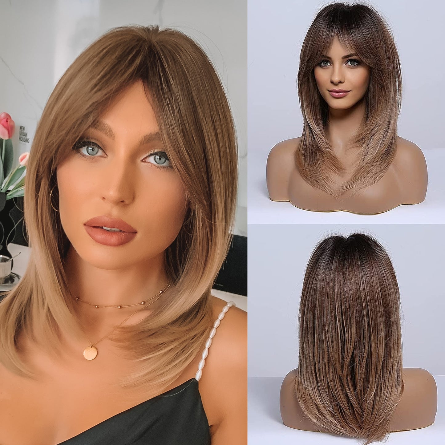 Medium Straight Blonde Mixed Brown Bob with Bangs