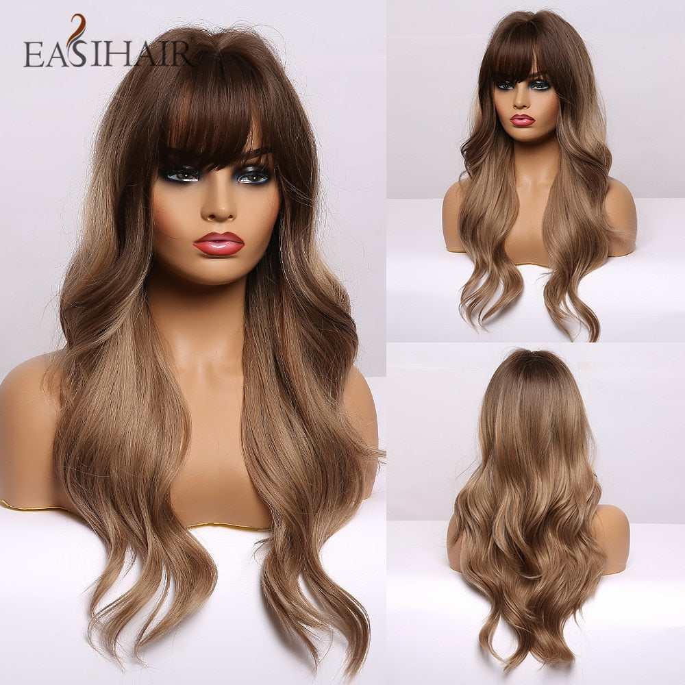 Long Dark Brown Women's Wigs with Bangs