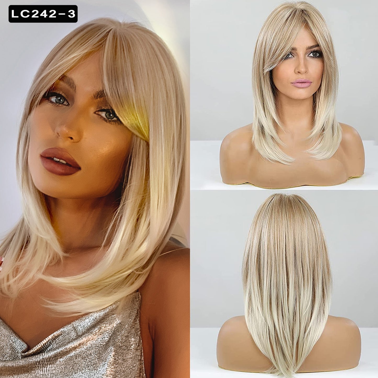 Medium Straight Blonde Mixed Brown Bob with Bangs