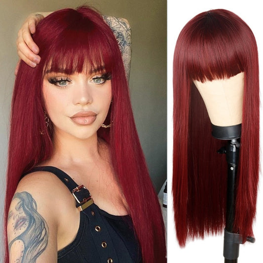 Long Straight Wine Red Wig With Bang