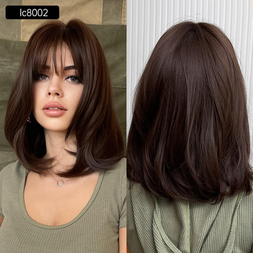 Medium Straight Blonde Mixed Brown Bob with Bangs