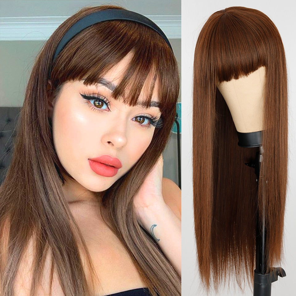 Long Straight Wine Red Wig With Bang