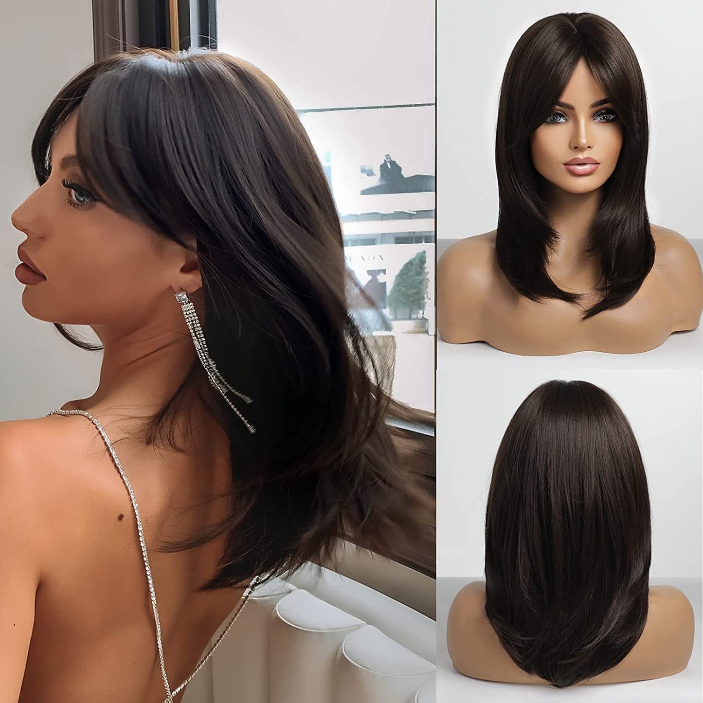 Medium Straight Blonde Mixed Brown Bob with Bangs