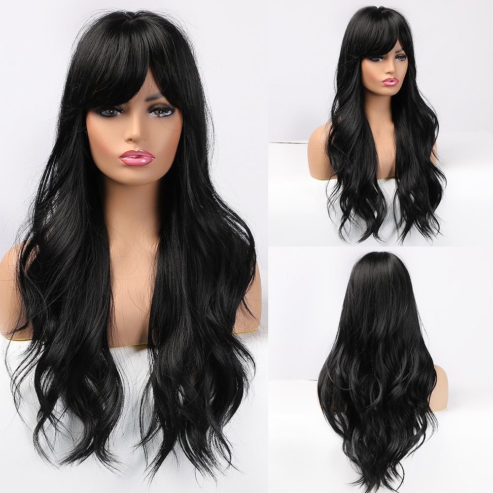 Long Dark Brown Women's Wigs with Bangs