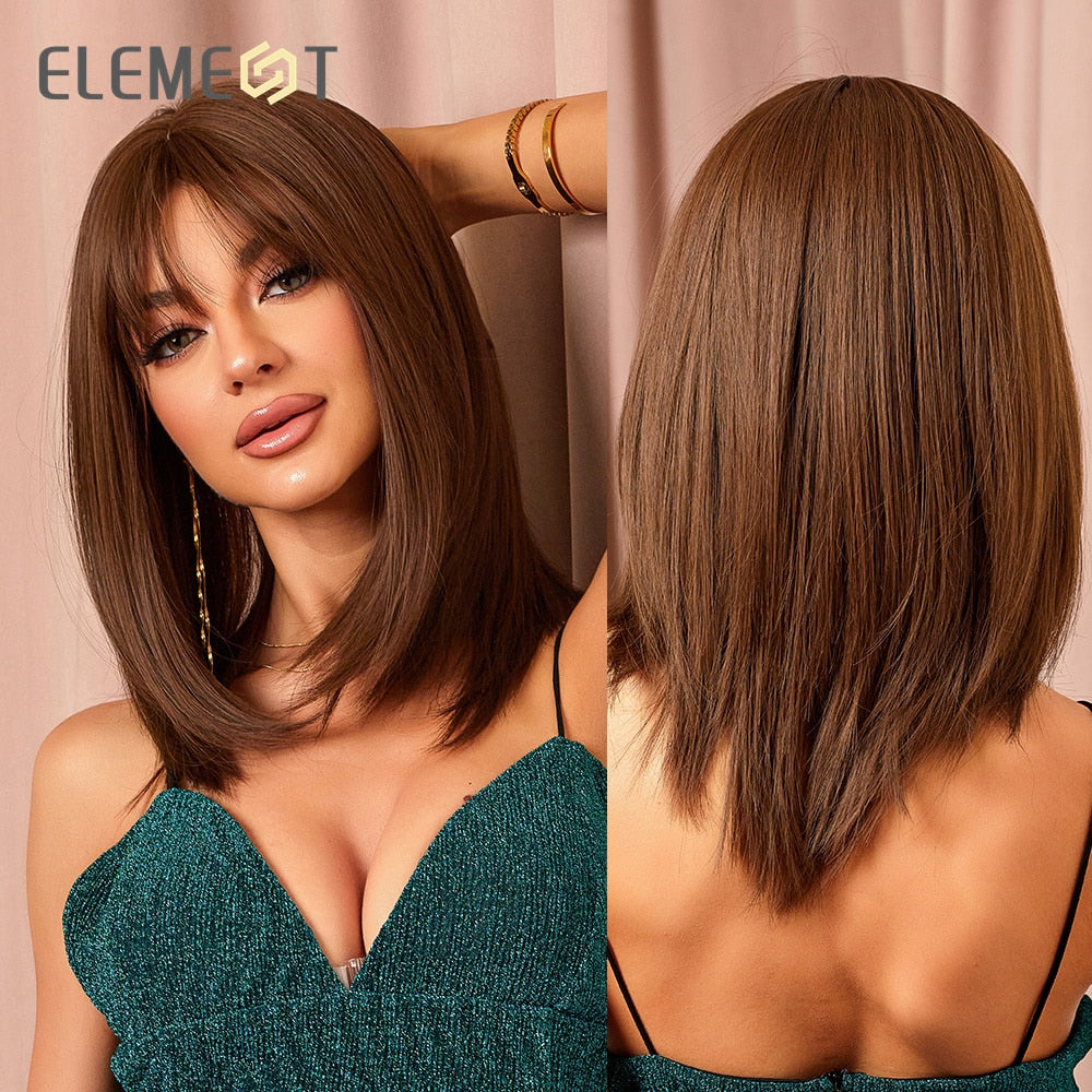 Medium Straight Blonde Mixed Brown Bob with Bangs