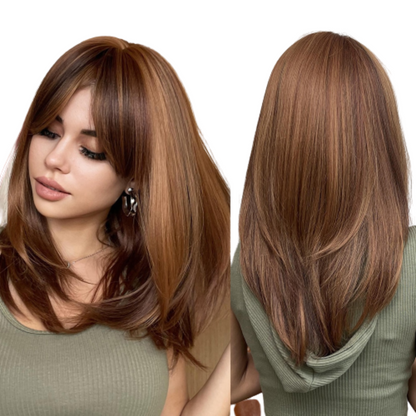 Medium Straight Blonde Mixed Brown Bob with Bangs